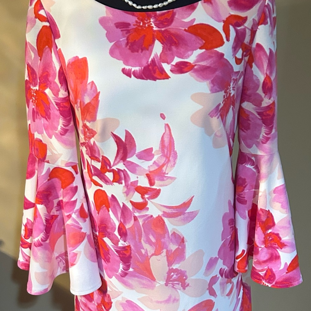 Eliza J Pink & White Floral Midi Dress with Bell Sleeves